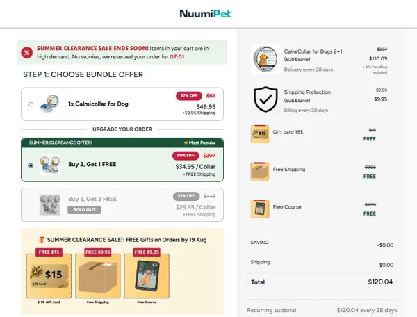 CalmiCollar official checkout page showing the bundle selection step