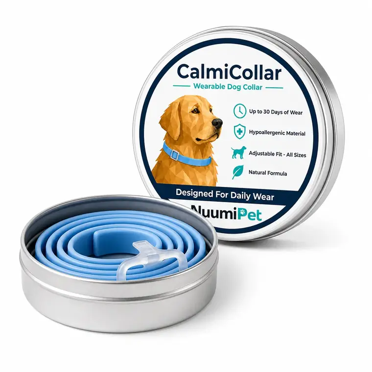 CalmiCollar tin opened showing the blue adjustable calming collar