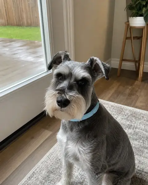 Schnauzer waiting calmly by a patio door wearing a blue CalmiCollar