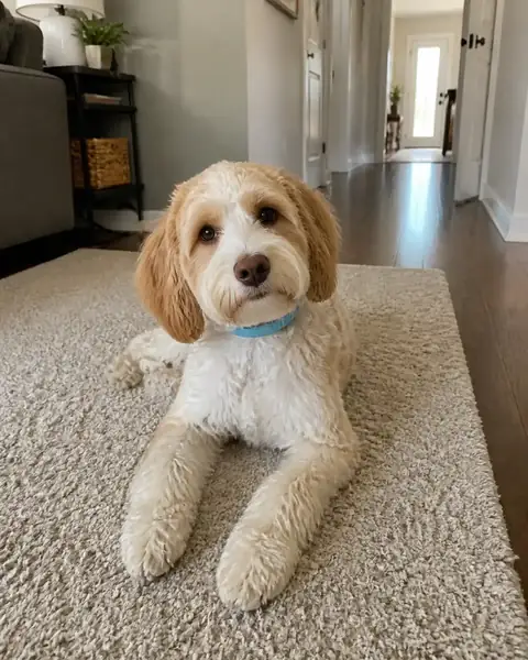 Doodle dog resting calmly in a hallway wearing a blue CalmiCollar