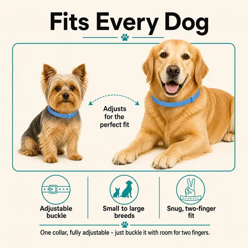 CalmiCollar sizing guide showing adjustable fit for small and large dogs