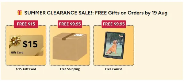 CalmiCollar checkout showing three free gifts: a $15 gift card, free shipping and a free course